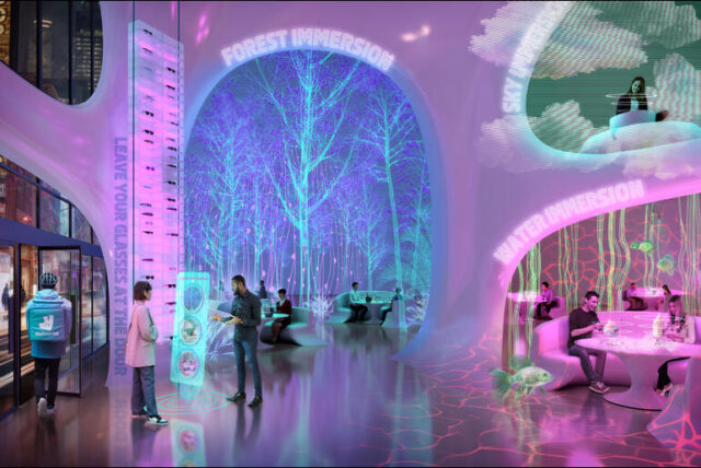 A depiction of a restaurant in 2040