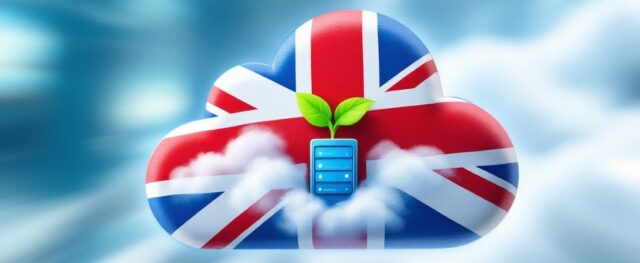 A stylised image representing cloud computing in the United Kingdom. A cloud icon, textured with the Union Jack flag, floats against a blurred blue sky background. A small, stylised server rack sits within the cloud, with a pair of green leaves sprouting from its top, suggesting growth or an eco-friendly approach. Wisps of cloud surround the server, further emphasising the cloud computing theme.